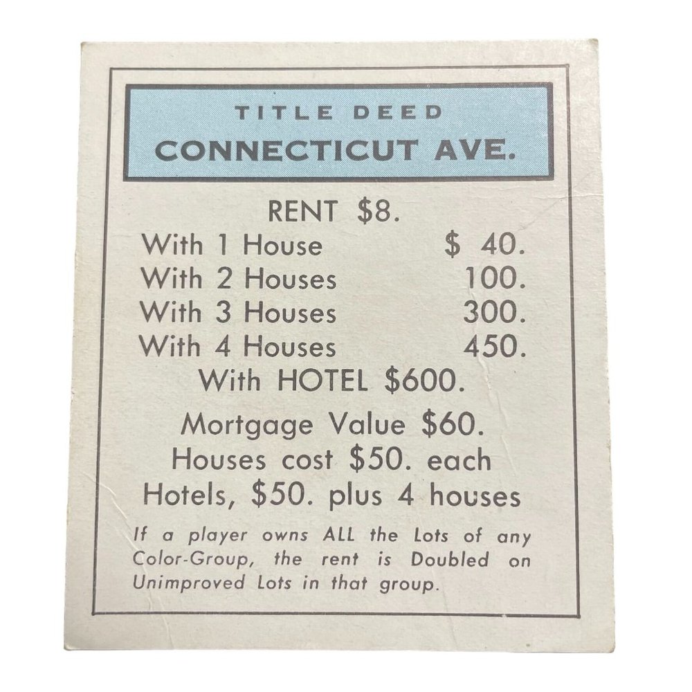 Monopoly Classic Connecticut Ave Property Title Deed Card u